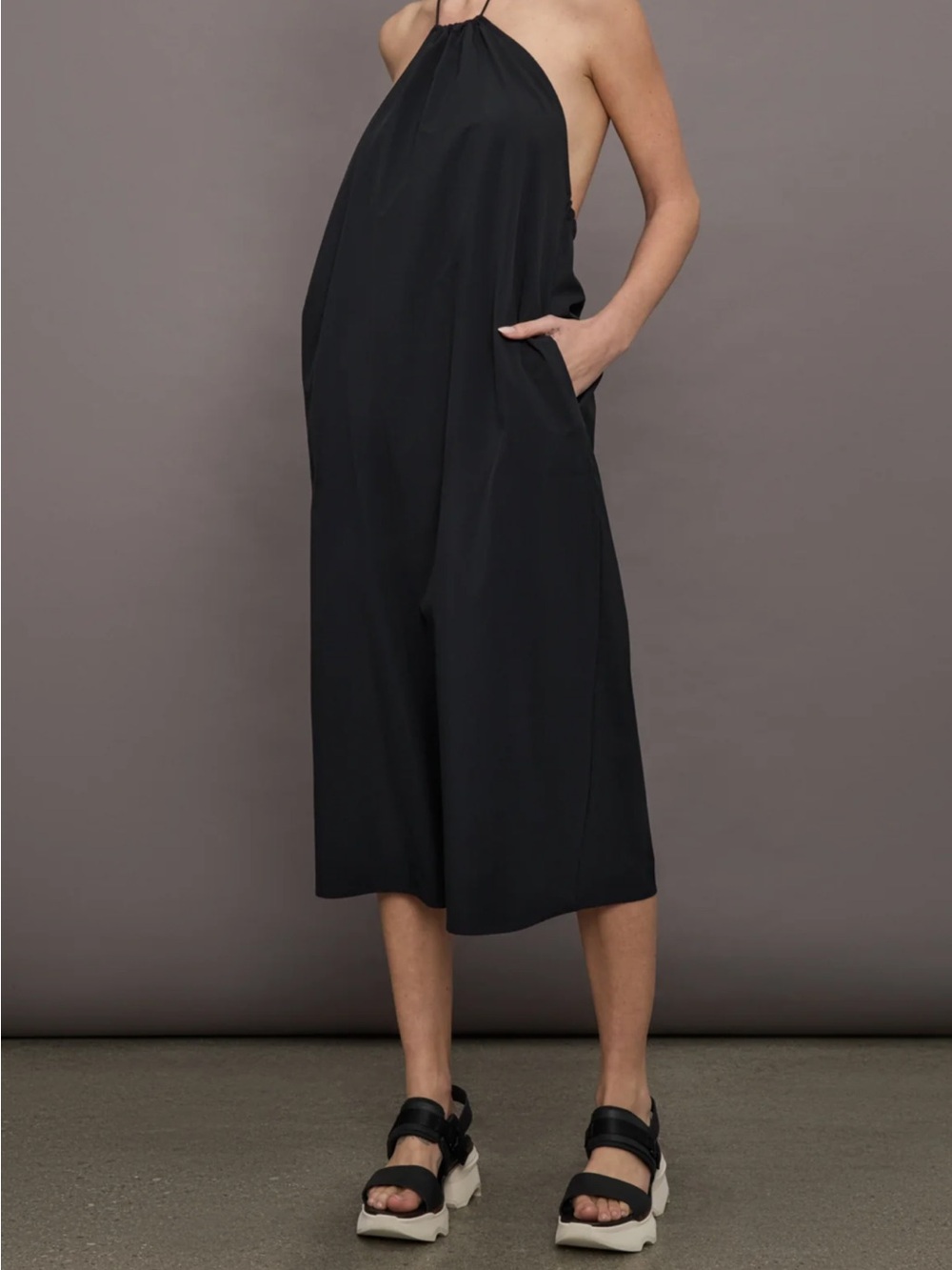 Minimal Black Halter Midi Dress with Side Pockets